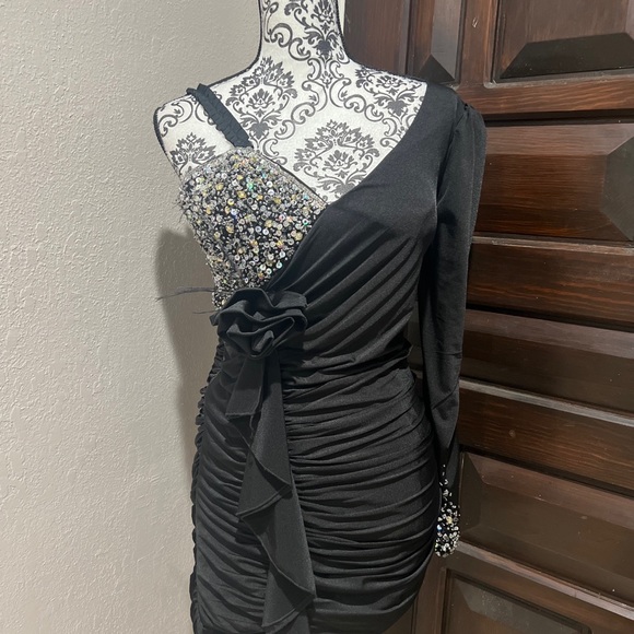 EVENINGS BY ALLURE COCKTAIL DRESS Black Ruching bodycon Evening Formal Bling 8 - Picture 4 of 7